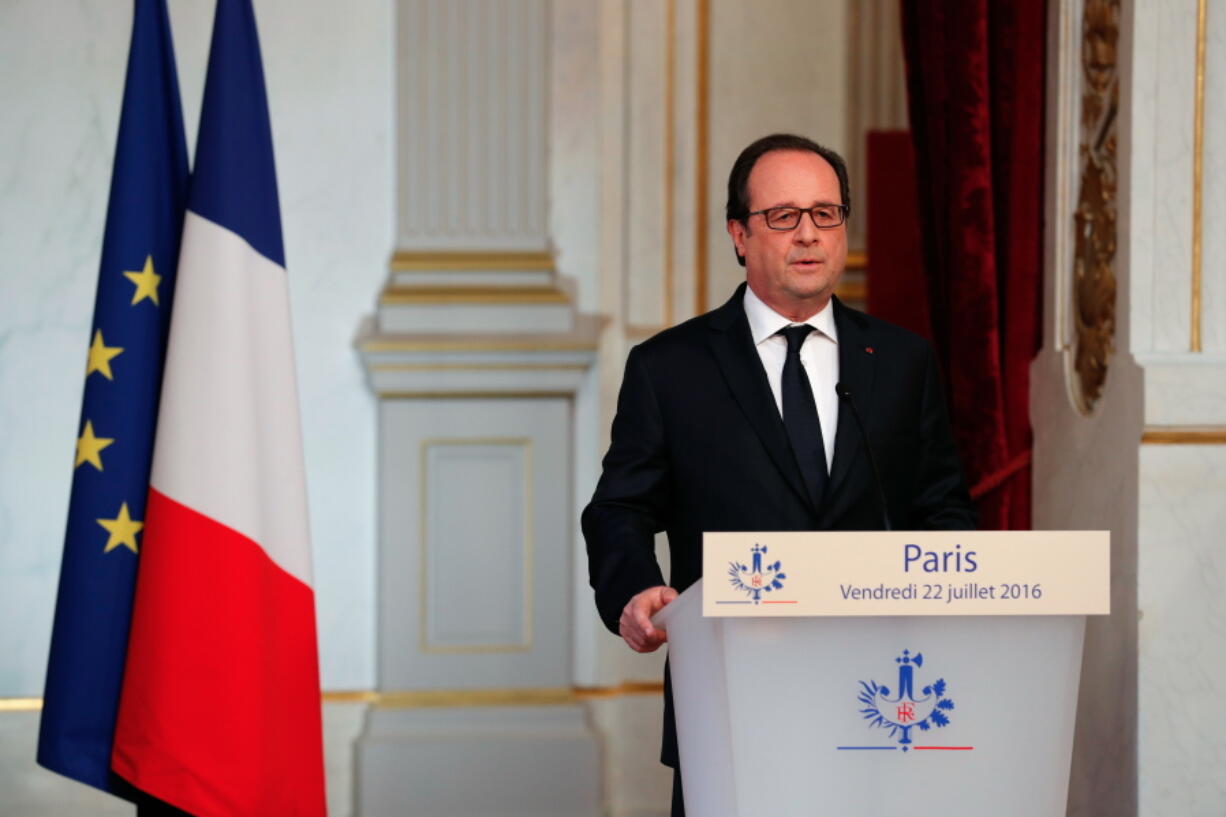 France&#039;s President Francois Hollande delivers a statement Friday at the Elysee Palace. President Hollande says France is sending artillery equipment to Iraq as part of increased military help to fight Islamic State extremists, after a deadly attack on Nice last week claimed by IS.