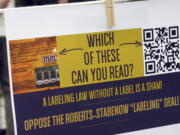 A sign hangs at a rally Friday in Montpelier, Vt., protesting a proposal by Congress that would allow companies to use computer labels to indicated whether a product has been made with the help of genetic engineering. It was hanging at a rally held to commemorate the implementation of the nation&#039;s first state law to require the labeling of foods made with genetically modified ingredients. Congress is considering a bill that would preempt the Vermont law.