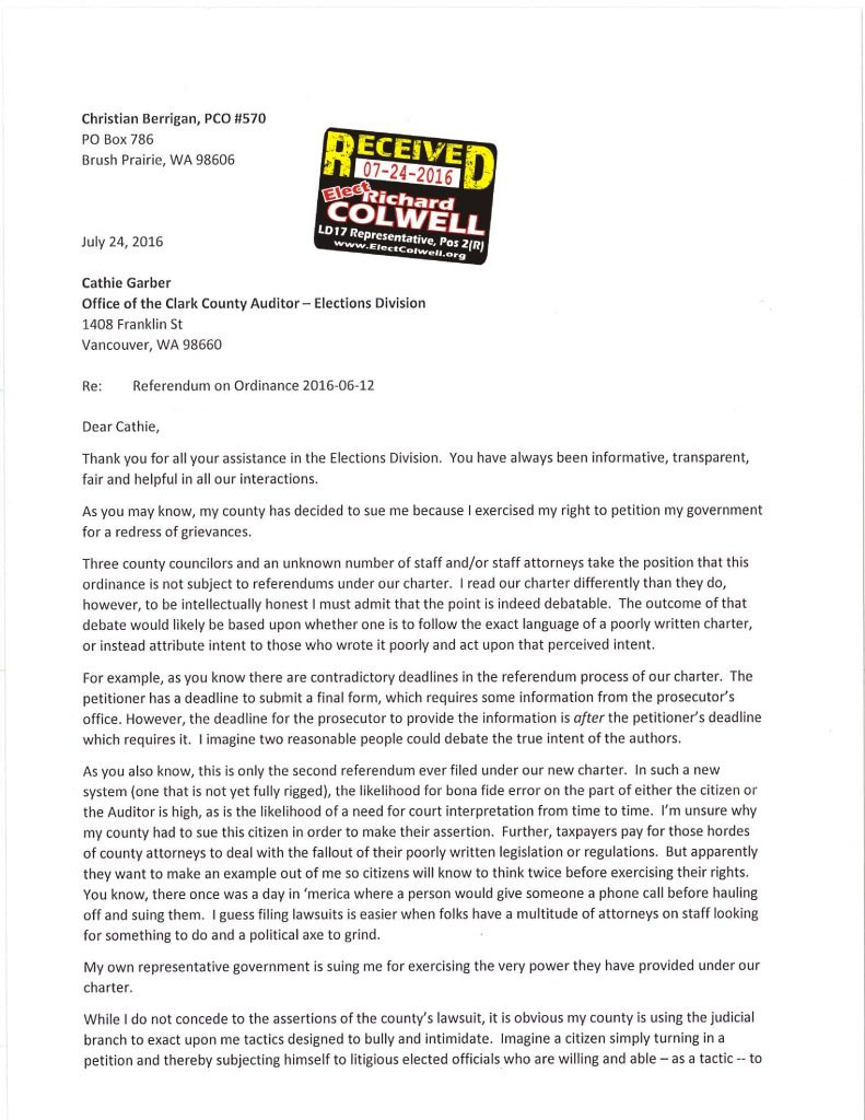 Christian Berrigan has withdrawn his referendum petition against the county comprehensive plan, but the council on Wednesday decided not to pursue attorney's fees in the case. PDF