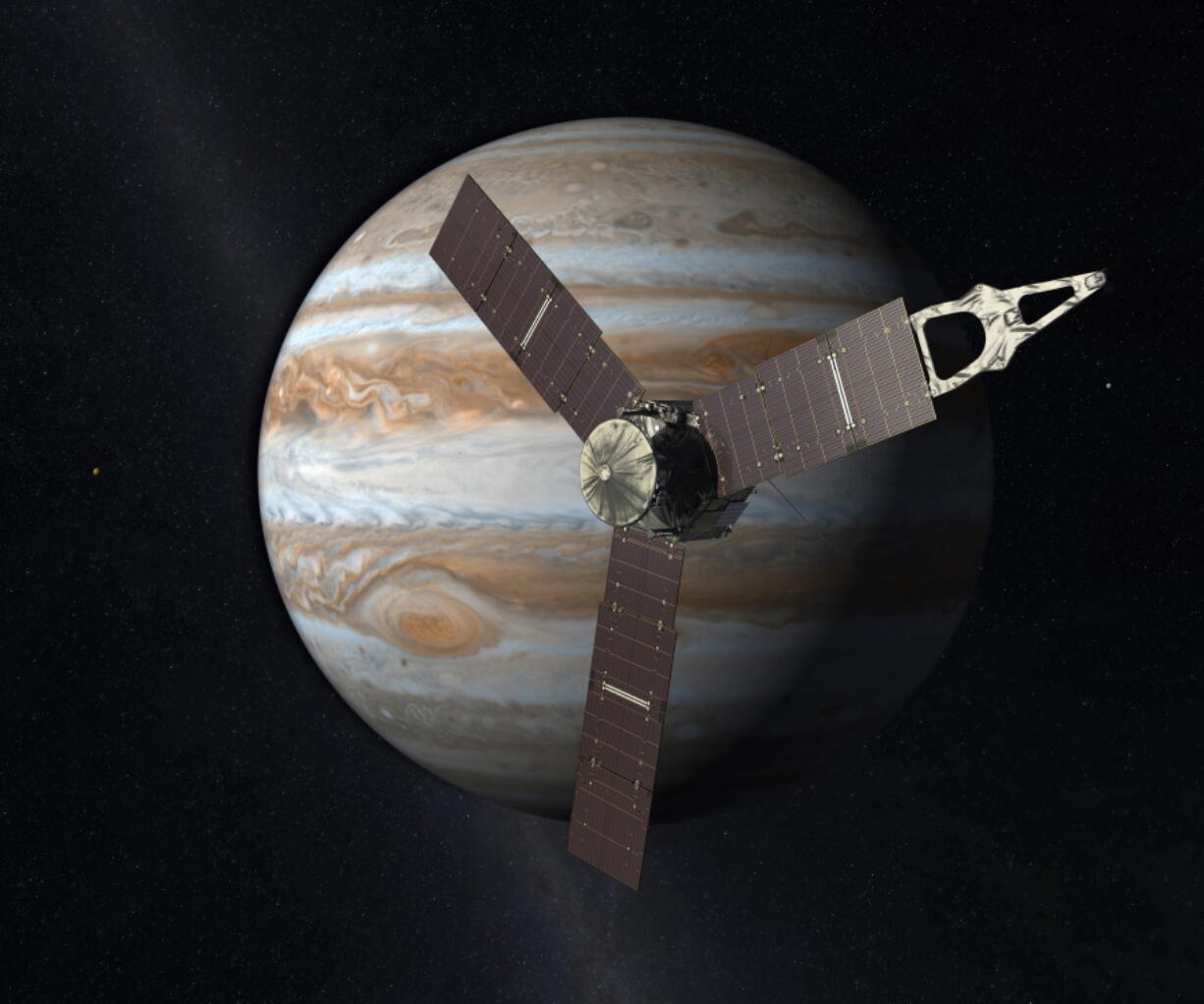 This artist&#039;s rendering provided by NASA and JPL-Caltech shows the Juno spacecraft above the planet Jupiter.(NASA/JPL-Caltech via AP)