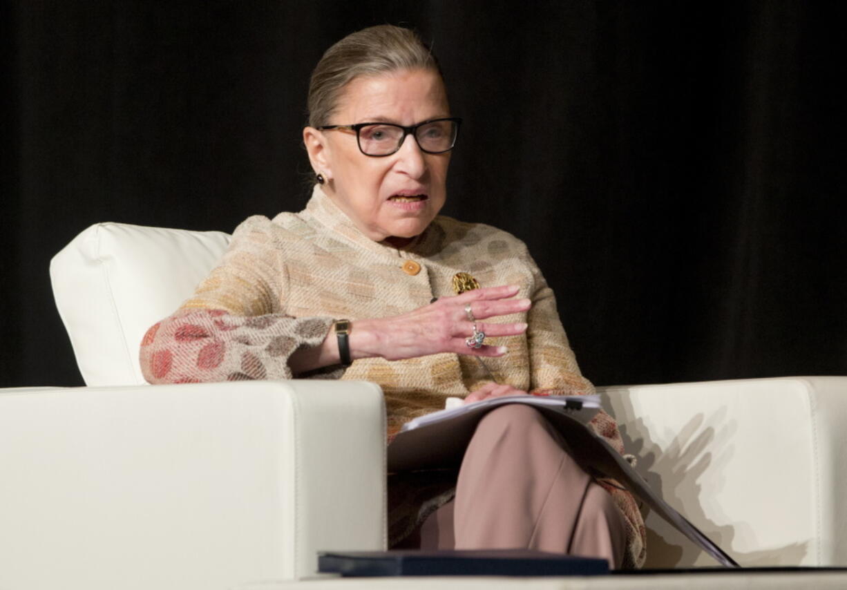 In this May 26, 2016 file photo, Supreme Court Justice Ruth Bader Ginsburg takes part in a conference in Saratoga Springs, N.Y. Ginsburg says she doesn't want to think about the possibility of Donald Trump winning the White House, and predicts the next president, "whoever she will be," probably will have a few appointments to make to the Supreme Court.