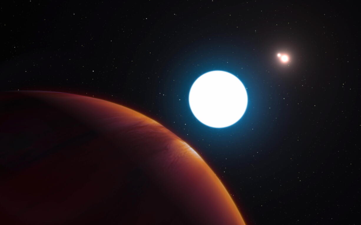 An artist&#039;s impression of the triple-star system HD 131399 from close to the gas giant planet orbiting in the system. A University of Arizona-led team found the system 320 light years away. (L.