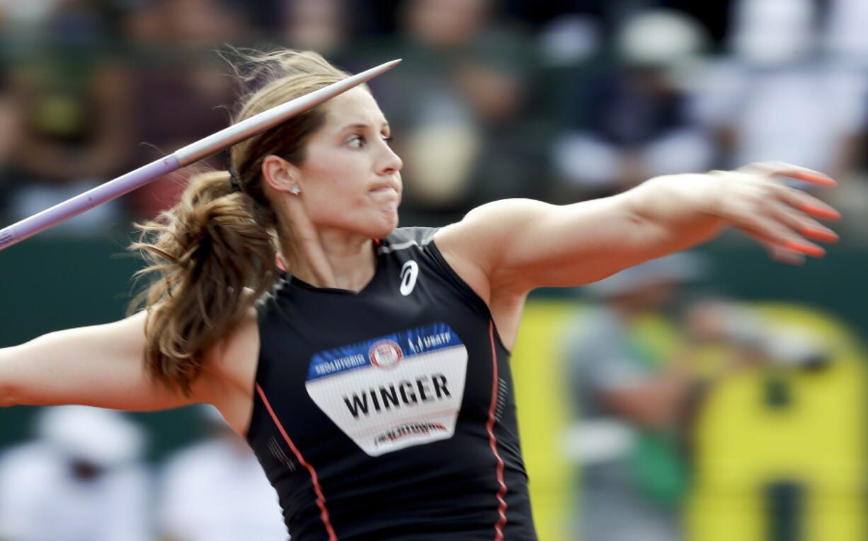 Kara Winger competes during the javelin throw finals at the U.S. Olympic Track and Field Trials, Saturday, July 9, 2016, in Eugene Ore.