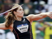 Kara Winger competes during the javelin throw finals at the U.S. Olympic Track and Field Trials, Saturday, July 9, 2016, in Eugene Ore.