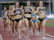 Alexa Efraimson of Camas, center, finishes third in her heat of the women's 1,500 semifinals behind Jenny Simpson, right, and Shannon Rowbury, left, at the U.S. Olympic Trials.