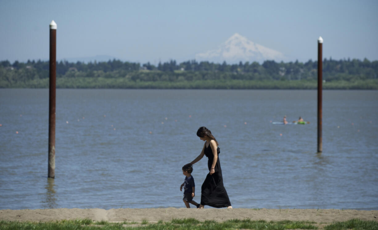 A woman and child walk along the edge of Vancouver Lake in June of last year. Later this month, volunteers will remove litter from the beach and nearby flushing channel.