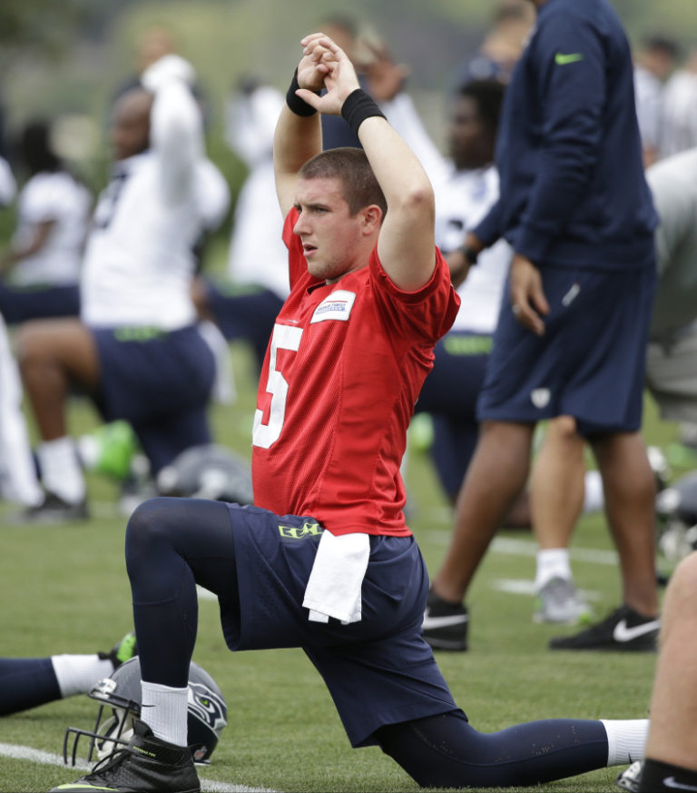 Seattle Seahawks&#039; Jake Heaps stretches during the team&#039;s NFL football training camp Saturday, July 30, 2016, in Renton, Wash.