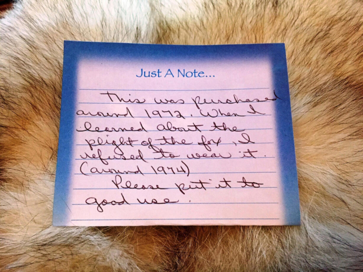 A note accompanying a donation to Born Free USA, an animal welfare and conservation group that collects fur.