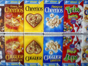 Boxes of General Mills cereals in Portland.