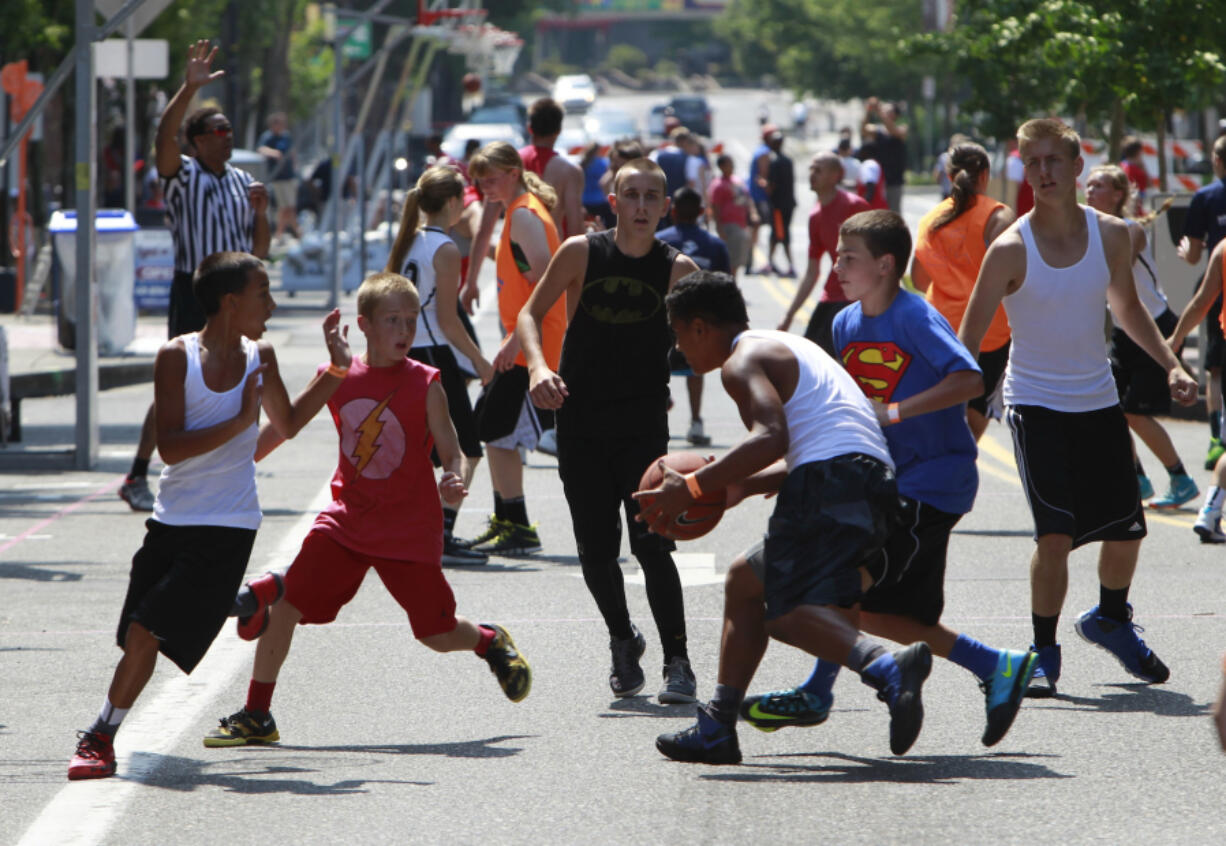 Hoops on the River is a festival of 3-on-3 tournament basketball on the streets in downtown Vancouver.