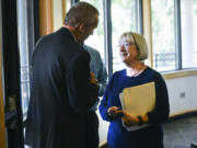 Sen. Patty Murray speaks to David Ripp, the executive director of the Port of Camas-Washougal, following a Columbia River Economic Development Council luncheon on Tuesday. The Democratic senator spoke about her collaborative efforts in &quot;the other Washington&quot; before a crowd of more than 90 local business leaders.