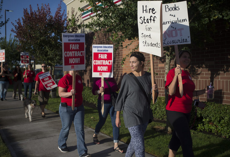 Cecilia Magistrale, in gray, joins her mom, Silver Star Elementary School teacher Angela Magistrale, right, and other picketers Friday morning, Aug. 19, 2016 in Southeast Vancouver.