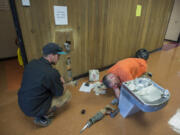 Ryan Romilly, in the orange T-shirt, and Jamie Wisenbaugh of Sarkinen Plumbing install a new fountain that provides filtered drinking water Monday at View Ridge Middle School in Ridgefield.