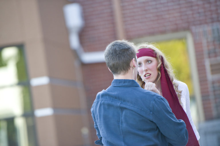 Katherina, played by Courtney Wilmington, and Petruchio, played by Tristan Boesch, have tumultuous first meeting during a performance of Shakespeare&#039;s &quot;The Taming of the Shrew&quot; at the Vancouver School of Arts and Academics on Friday.