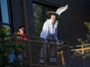 Petruchio, played by Tristan Boesch, makes a dramatic entrance to his wedding during a performance of Shakespeare&#039;s &quot;The Taming of the Shrew&quot; at the Vancouver School of Arts and Academics on Friday.