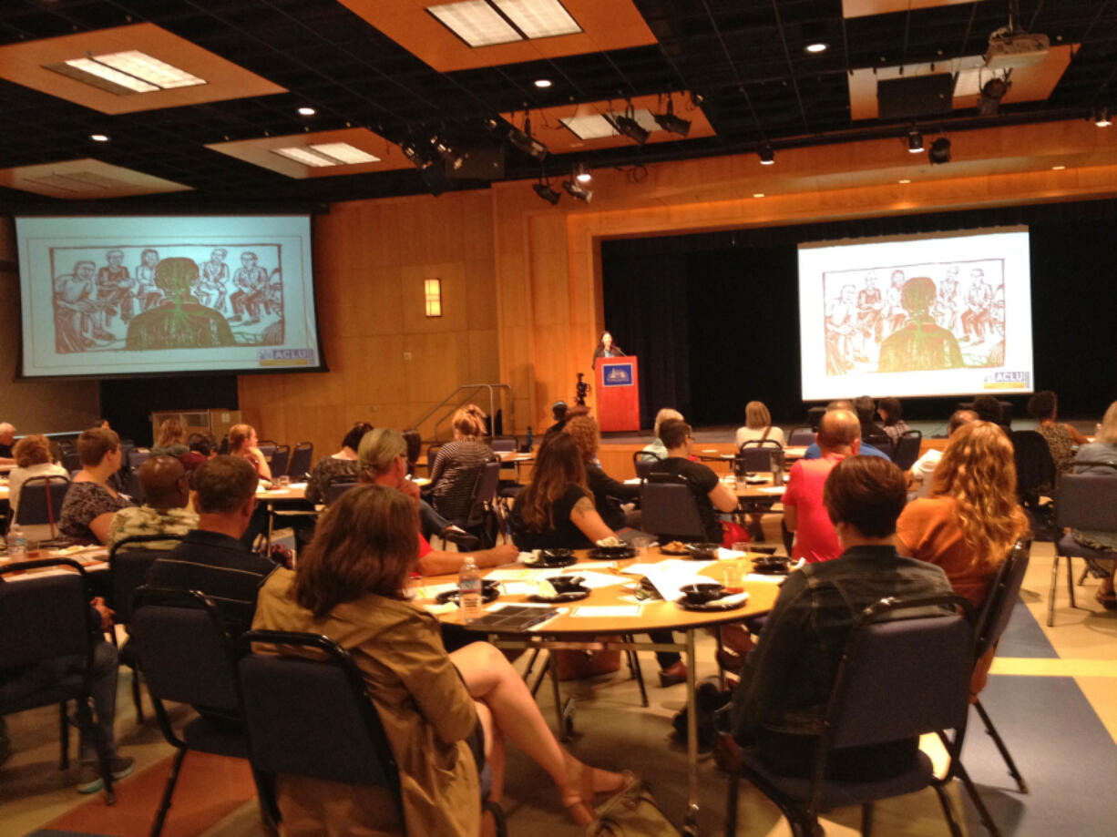 Representatives from ACLU Washington and Black Lives Matter Vancouver spoke about restorative practices rather than punitive practices in school discipline policies at Clark College Tuesday night.