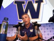 Washington head coach Chris Petersen speaks at the Pac-12 NCAA college football media day in Los Angeles on Friday, July 15, 2016.