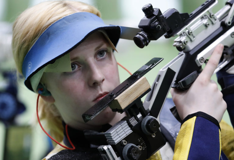 Virginia Thrasher of the United States competes during the Women's 10m Air Rifle Qualification at Olympic Shooting Center at the 2016 Summer Olympics in Rio de Janeiro, Brazil, Saturday, Aug. 6, 2016.