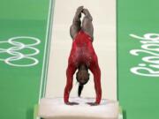 United States' Simone Biles performs on the vault during the artistic gymnastics women's apparatus final at the 2016 Summer Olympics in Rio de Janeiro, Brazil, Sunday, Aug. 14, 2016.