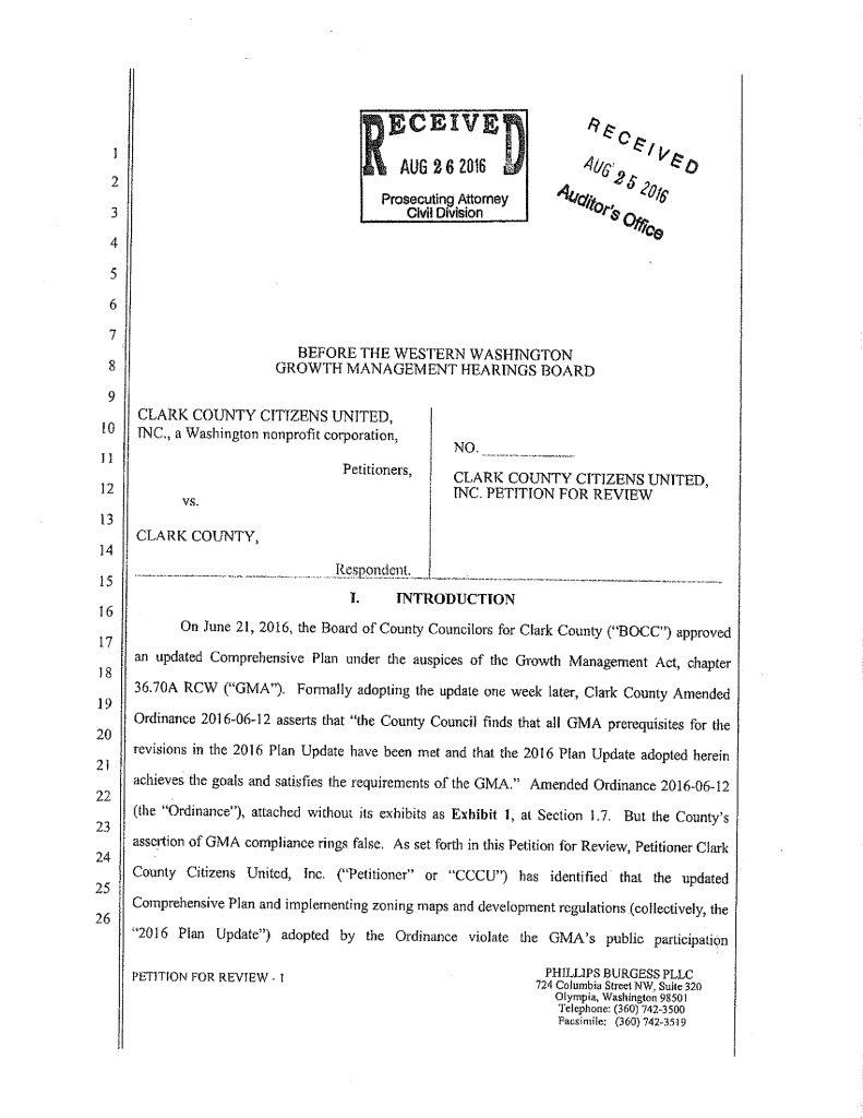 Clark County Citizens United has accused Clark County of violating the Growth Management Act on a dozen points in its Comprehensive Growth Management Plan update. PDF