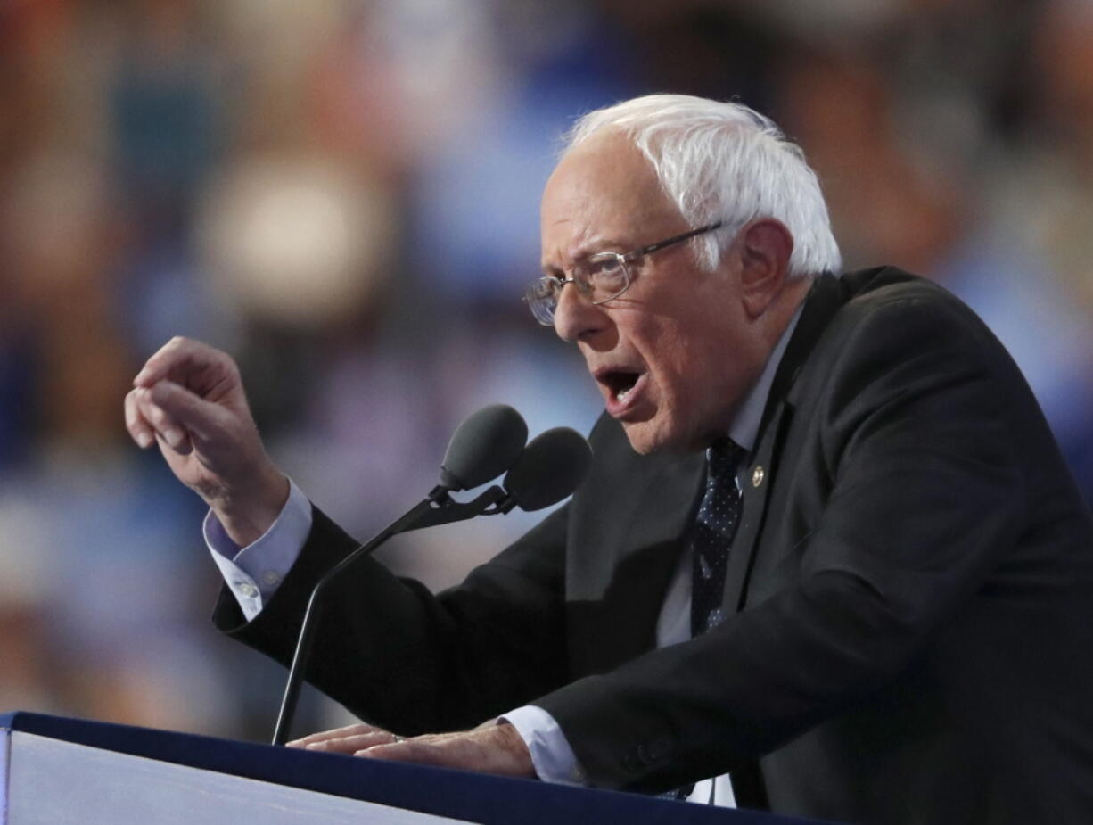 Sen. Bernie Sanders, I-Vt., speaks during the first day of the Democratic National Convention in Philadelphia.