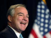 Democratic vice presidential candidate Sen. Tim Kaine, D-Va., speaks to the Progressive National Baptist Convention in New Orleans. Kaine is set to try and shore up labor support with a little help from his father.