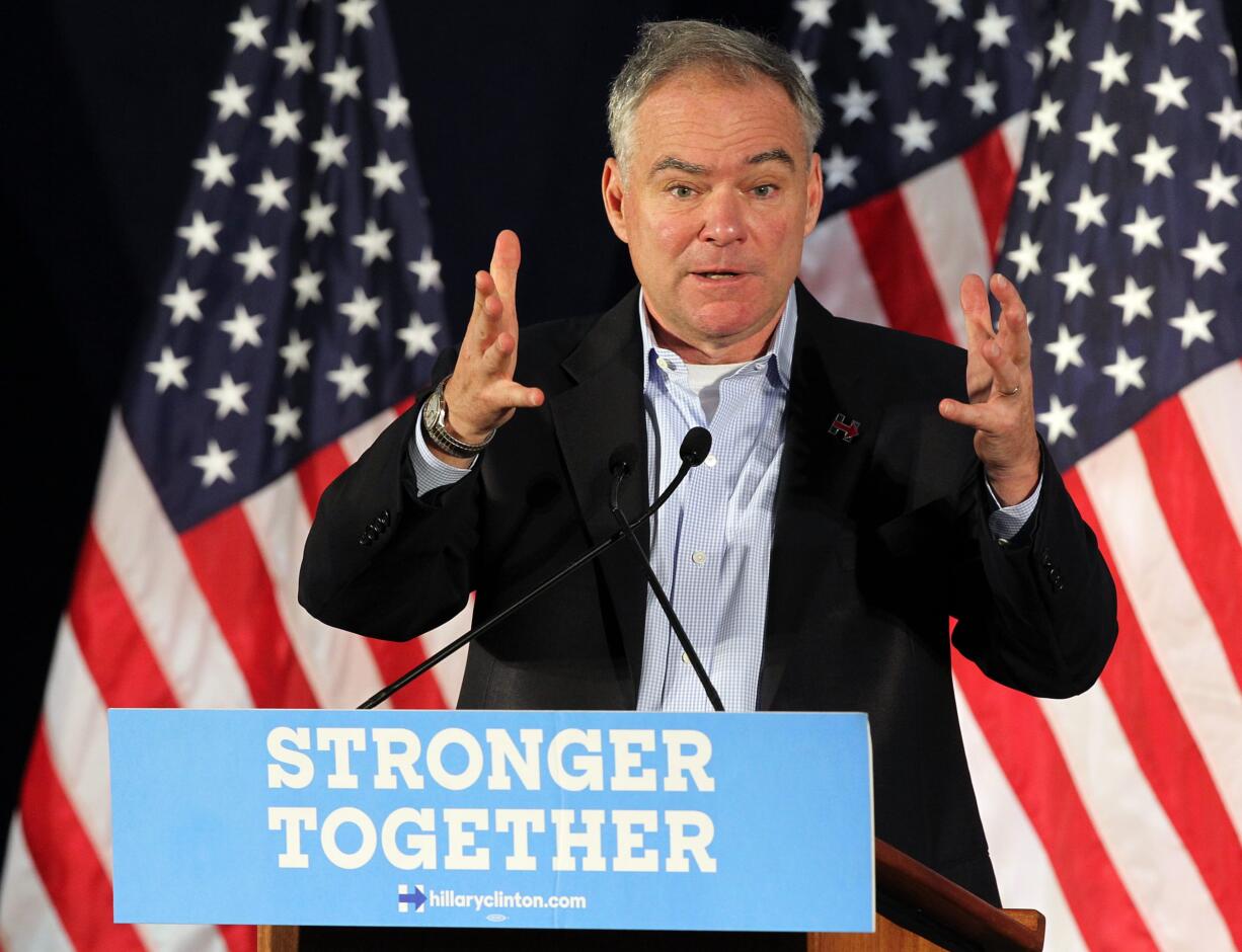 Democratic vice presidential candidate, Sen. Tim Kaine, D-Va., speaks during a policy discussion event with the press before a meeting with Florida mayors at Southwest Focal Point Senior Center in Pembroke Pines, Fla., Saturday, Aug. 27, 2016.