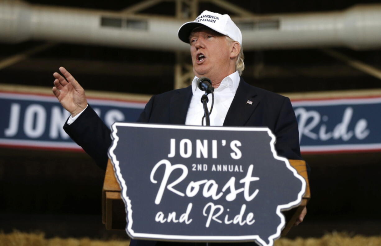 Republican presidential candidate Donald Trump speaks at Joni&#039;s Roast and Ride at the Iowa State Fairgrounds, in Des Moines, Iowa,on  Saturday.