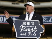 Republican presidential candidate Donald Trump speaks at Joni&#039;s Roast and Ride at the Iowa State Fairgrounds, in Des Moines, Iowa,on  Saturday.