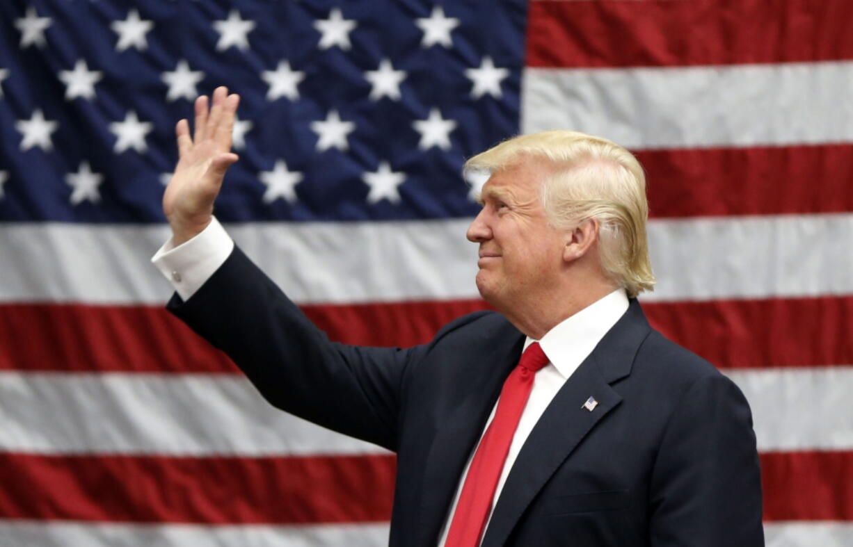 Republican presidential candidate Donald Trump arrives to speak at a campaign rally Monday in Akron, Ohio.