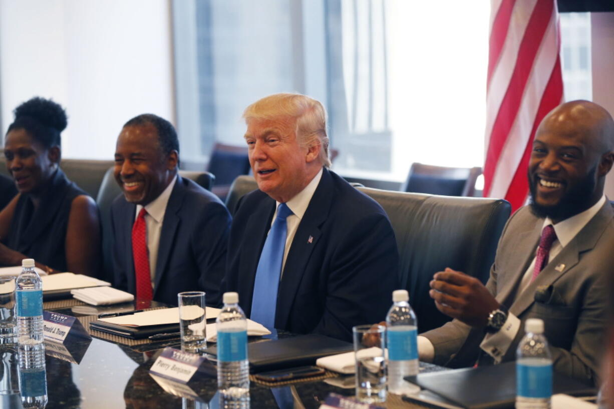 Republican presidential candidate Donald Trump holds a roundtable meeting with the Republican Leadership Initiative in his offices at Trump Tower in New York, Thursday, Aug. 25, 2016. Dr. Ben Carson is second from left.