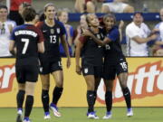 United States forward Mallory Pugh (2) is congratulated by Crystal Dunn (16) after scoring against Costa Rica. (Colin E.