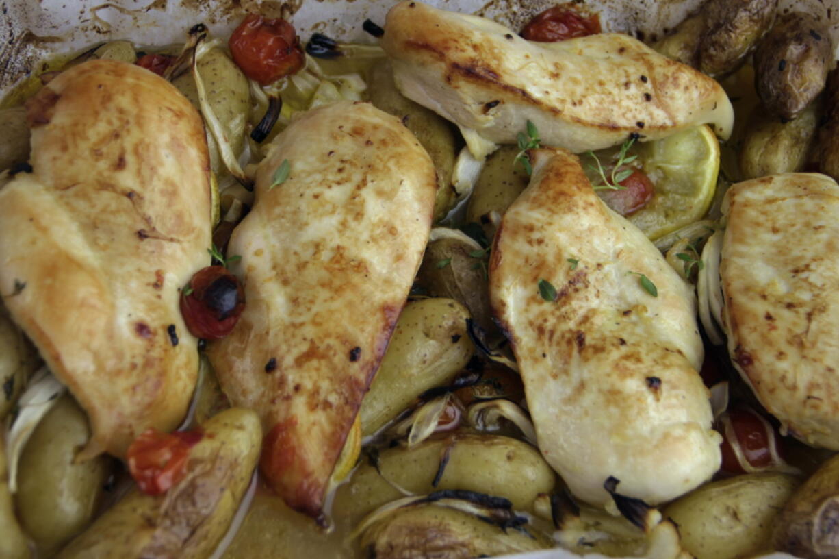 Baked chicken with potatoes.