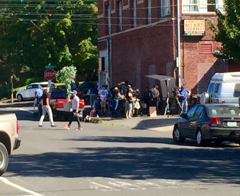 Film crews for the TV show 'Portlandia' tear down set outside a bail bonds office on the corner of West 11th and Grant streets.