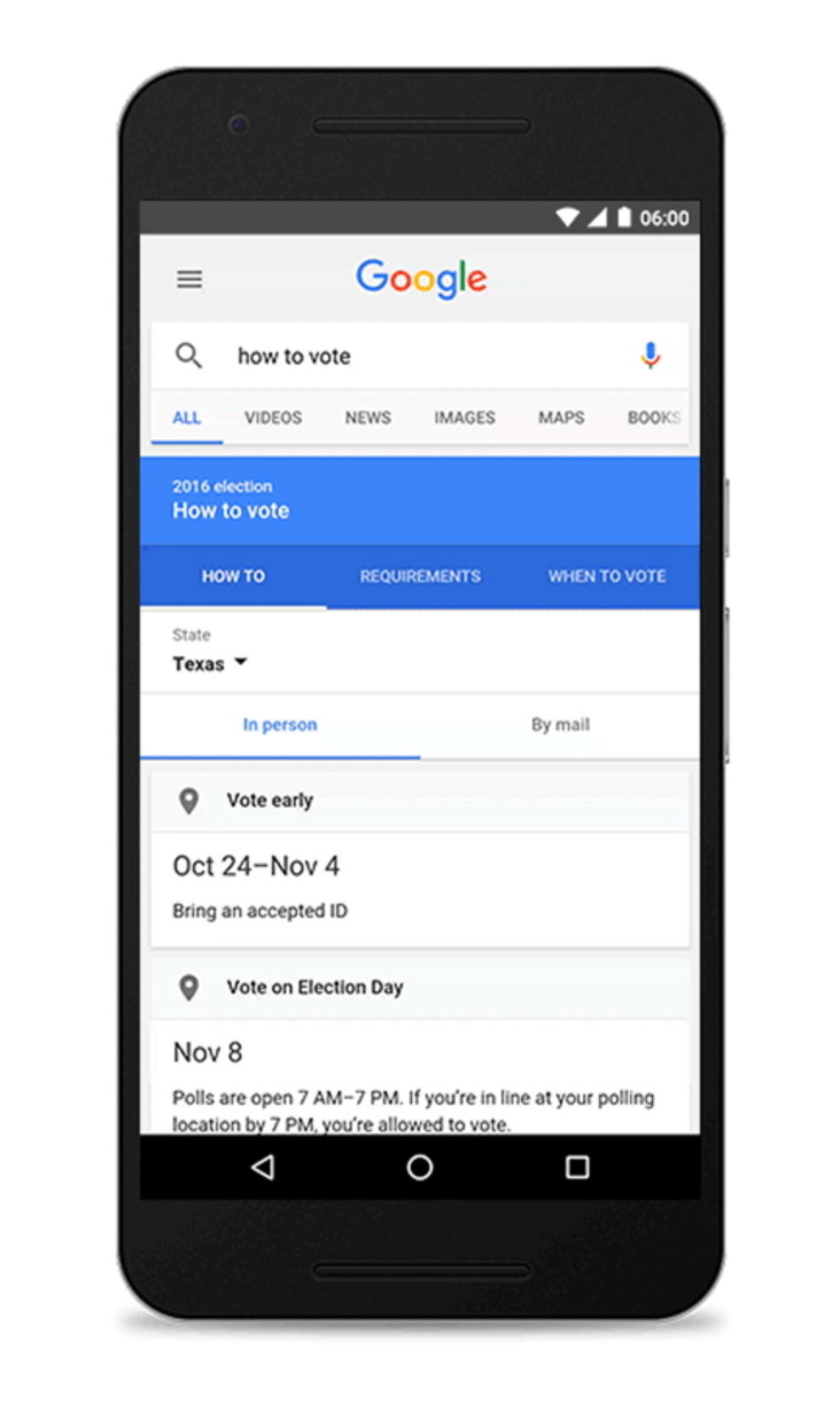 A summary box detailing state voting laws at the top of the search results whenever a request indicates a user is looking for the information. Google begins the how to vote feature in Google Search on Tuesday pulling another lever on its influential search engine in an effort to boost voter turnout in November???s U.S. presidential election.