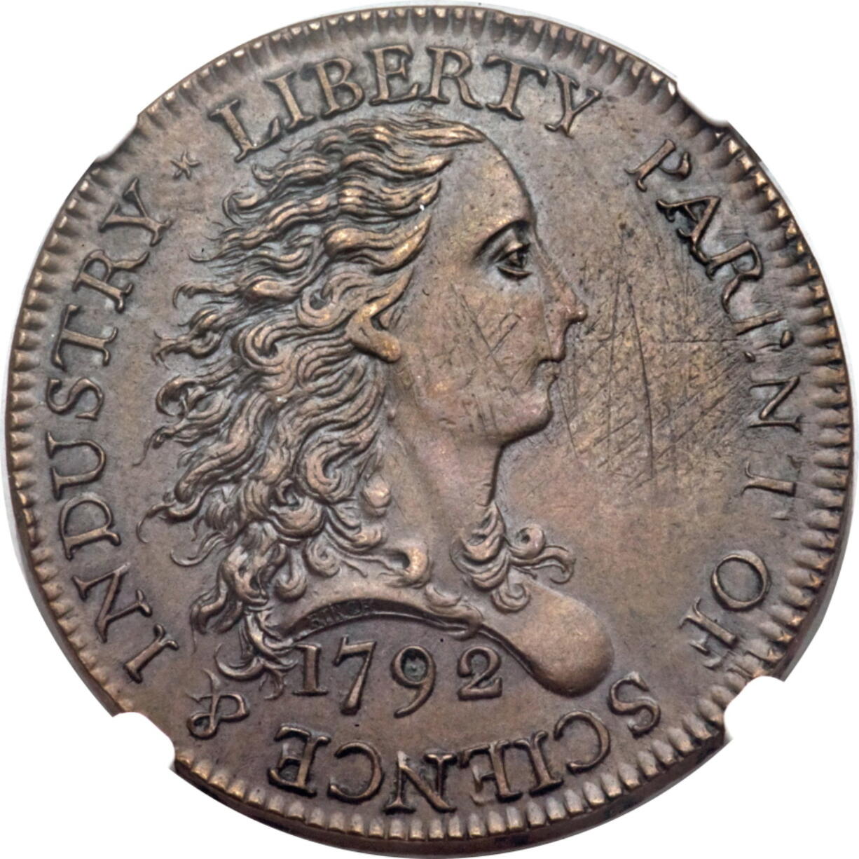 The obverse, front, of a 1792 &quot;Birch Cent.&quot; The one-cent coin is one of two rare 1792-dated coins made during the early days of the United States Mint.