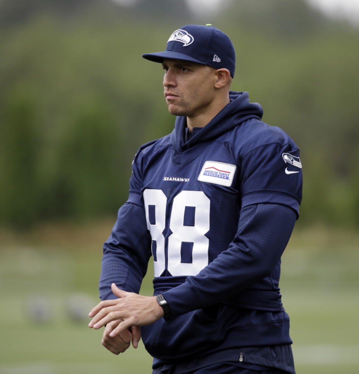 Seattle Seahawks&#039; Jimmy Graham looks on during the team&#039;s NFL football training camp Saturday, July 30, 2016, in Renton, Wash.