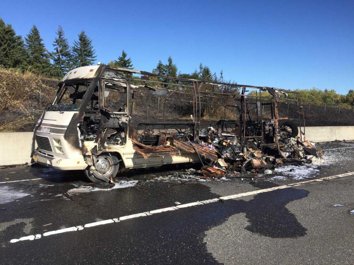 The RV that caught fire on I-5 was owned by a Beaverton, Ore., family. No was was injured when it caught fire.