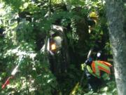 Crews work to free a driver from a pickup that went off eastbound state Highway 14 west of Camas on Saturday and ended up wedged in trees on a steep embankment.