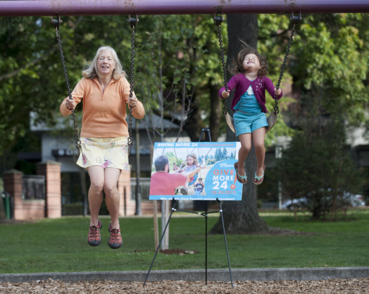 Jane Van Dyke, left, takes part in Give More 24! by participating in marathon swinging as Maxine Born-Bullock swings nearby in Vancouver in 2015 as part of the annual 24-hour online giving competition, in which nonprofits encourage giving throughout the day with parties and promotions.