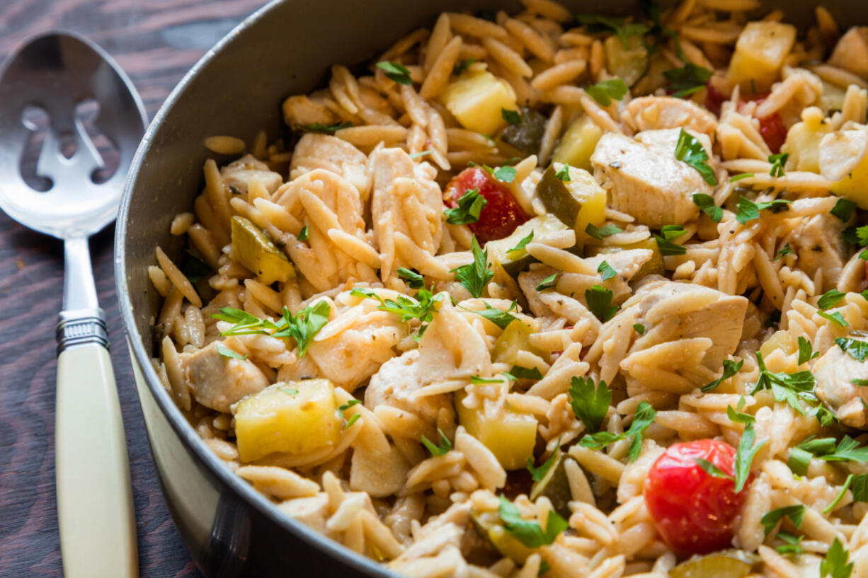 Lemon rosemary chicken and orzo skillet.