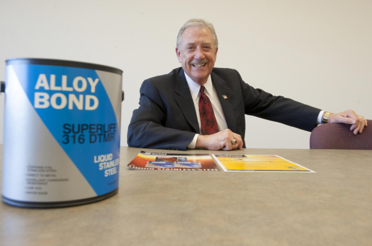 Burke Industrial Coatings President Jim Harris, with one of his company&#039;s products, at his Ridgefield office last October. One of the company&#039;s anti-microbial products is going to be used in a hospital in Kuwait.