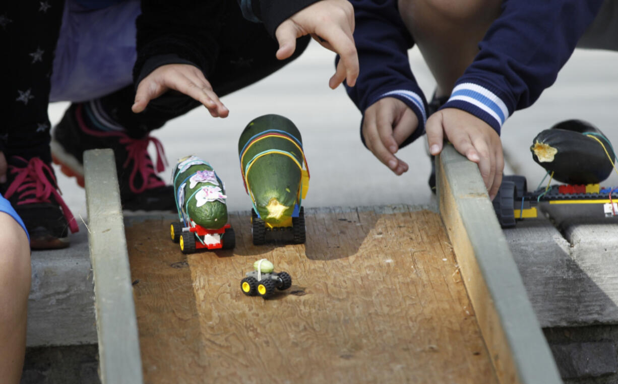 Racers release their Lego racers at Overlook Park during Saturday&#039;s Ridgefield Heritage Day/Wild Wild West event.