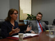 Sen. Ann Rivers, R-La Center, and Democratic challenger Eric Holt talk with The Columbian Editorial Board on Tuesday. The two are vying for her 18th District seat.