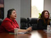 Democrat Tina Podlodowski, left, and Republican incumbent Kim Wyman, candidates for Washington secretary of state, talk Friday with The Columbian Editorial Board.