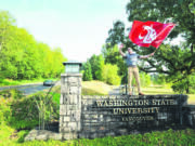 Max Ault, Director of Business Growth and Development for the Columbia River Economic Development Council, stands on top the Washington State University Vancouver sign at the campus entrance to greet students as they arrive on Aug. 22.