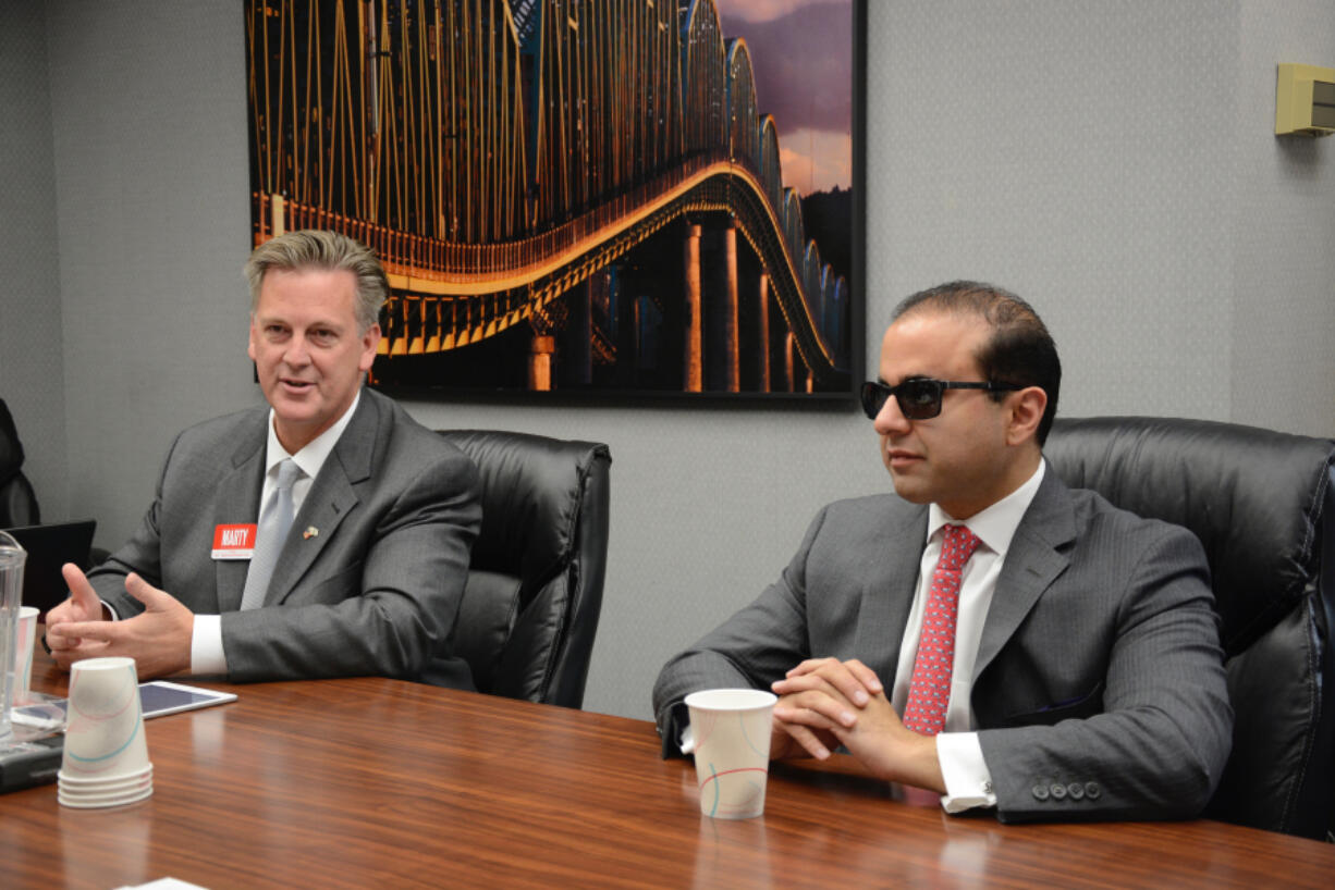 Republican Marty McClendon, left, and Democrat Cyrus Habib, both candidates for lieutenant governor, share their views Thursday with The Columbian&#039;s editorial board.