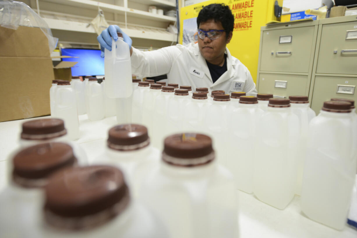 Kevin Churo, a lab assistant at BSK Labs in Vancouver, organizes samples of water in a temporary work space set up to deal with an increase in tests sent to the lab due to recent headlines of elevated levels of lead in drinking water at schools.