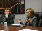 Democrat Tim Probst and Republican Lynda Wilson talk Friday with The Columbian Editorial Board. The two are running for the state Senate seat in the 17th District, where Wilson is currently a state representative.