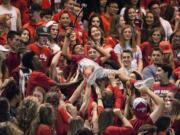 Union sophomore, Huston Combs, crowd surfs with a selfie stick amongst Union fans, Friday September 9, 2016, at McKenzie Stadium.